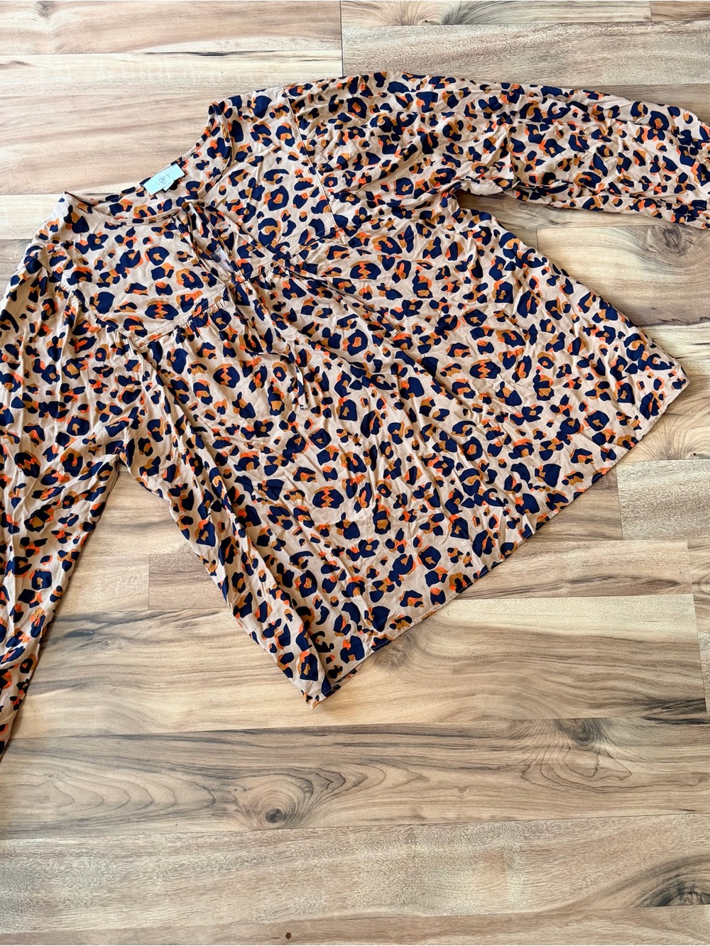 LOFT Tan Blouse with Navy and Orange Leopard Print